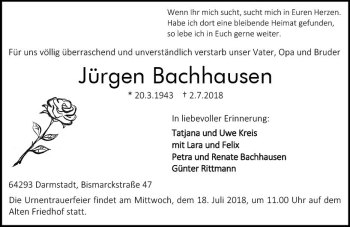 Traueranzeige von Jürgen Bachhausen von vrm-trauer