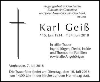 Traueranzeige von Karl Geiß von  Kreisanzeiger