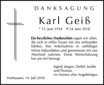 Traueranzeige von Karl Geiß von  Kreisanzeiger