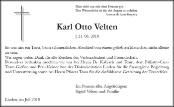 Traueranzeige von Karl Otto Velten von  Gießener Anzeiger