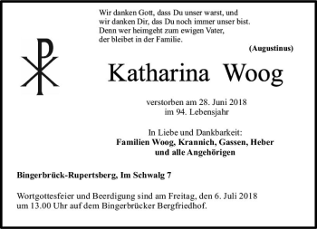 Traueranzeige von Katharina Woog von Trauerportal Rhein Main Presse