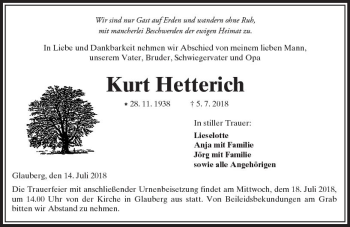 Traueranzeige von Kurt Hetterich von  Kreisanzeiger