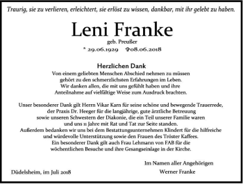 Traueranzeige von Leni Franke von  Kreisanzeiger