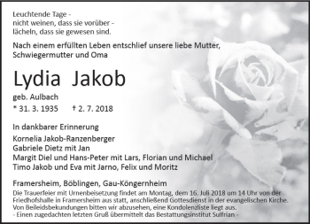 Traueranzeige von Lydia Jakob von vrm-trauer
