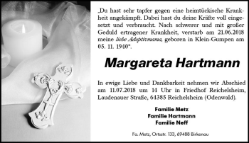 Traueranzeige von Margarete Hartmann von Trauerportal Rhein Main Presse