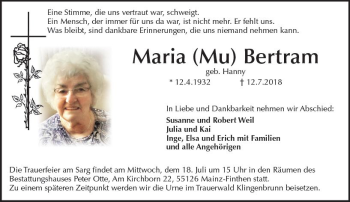 Traueranzeige von Maria Bertram von vrm-trauer