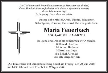 Traueranzeige von Maria Feuerbach von  Camberger Anzeiger