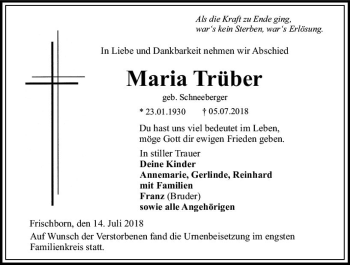 Traueranzeige von Maria Trüber von VRM Trauer