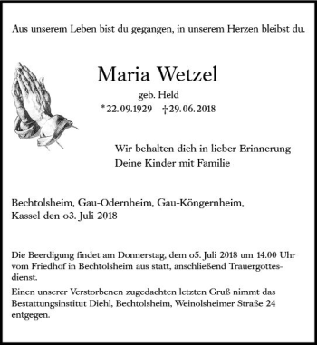 Traueranzeige von Maria Wetzel von Trauerportal Rhein Main Presse