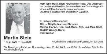 Traueranzeige von Martin Stein von  Gießener Anzeiger