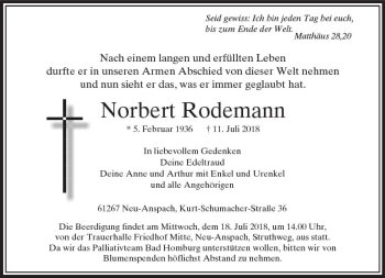 Traueranzeige von Norbert Rodemann von  Usinger Anzeiger