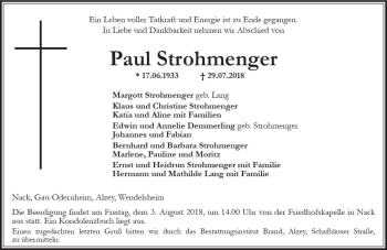 Traueranzeige von Paul Strohmenger von vrm-trauer