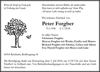 Traueranzeige von Peter Forgber von Trauerportal Rhein Main Presse