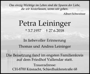 Traueranzeige von Petra Leininger von vrm-trauer