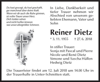 Traueranzeige von Reiner Dietz von  Kreisanzeiger