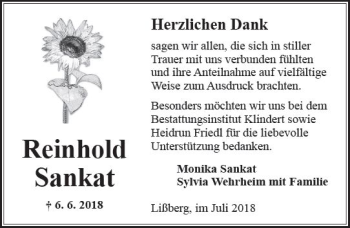 Traueranzeige von Reinhold Sankat von  Kreisanzeiger