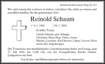 Traueranzeige von Reinhold Schaum von  Gießener Anzeiger