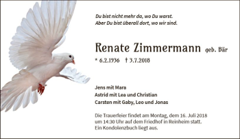 Traueranzeige von Renate Zimmermann von vrm-trauer