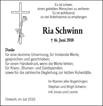 Traueranzeige von Ria Schwinn von vrm-trauer