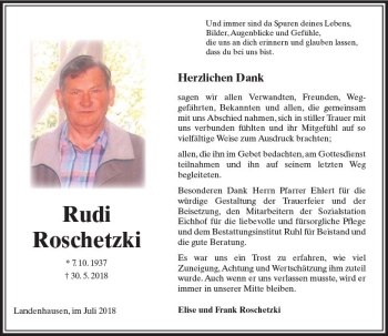 Traueranzeige von Rudi Roschetzki von VRM Trauer