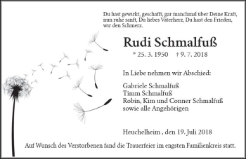 Traueranzeige von Rudi Schmalfuß von  Gießener Anzeiger