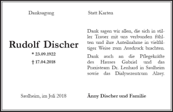 Traueranzeige von Rudolf Discher von vrm-trauer