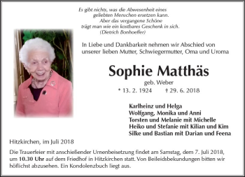 Traueranzeige von Sophie Matthäs von  Kreisanzeiger