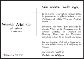 Traueranzeige von Sophie Matthäus von  Kreisanzeiger