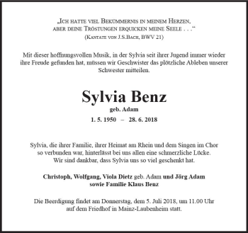 Traueranzeige von Sylvia Benz von Trauerportal Rhein Main Presse