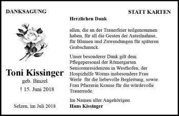 Traueranzeige von Toni Kissinger von vrm-trauer