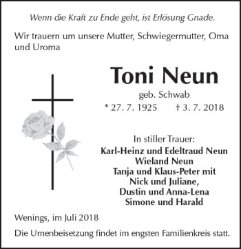 Traueranzeige von Toni Neun von  Kreisanzeiger