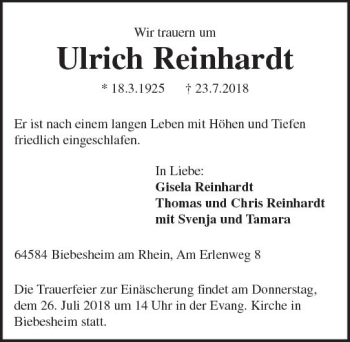 Traueranzeige von Ulrich Reinhardt von vrm-trauer