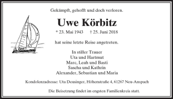 Traueranzeige von Uwe Körbitz von  Usinger Anzeiger