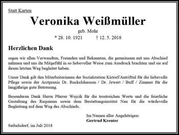 Traueranzeige von Veronika Weißmüller von VRM Trauer