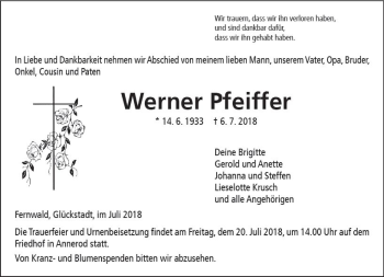 Traueranzeige von Werner Pfeiffer von  Gießener Anzeiger