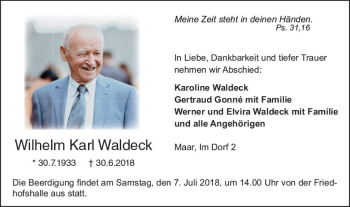 Traueranzeige von Wilhelm Karl Waldeck von VRM Trauer
