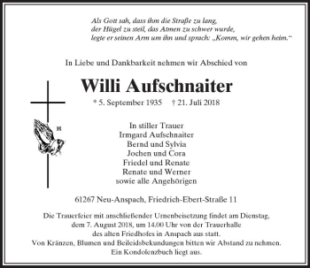 Traueranzeige von Willi Aufschnaiter von  Usinger Anzeiger Traueranzeige von Willi Aufschnaiter von  Usinger Anzeiger