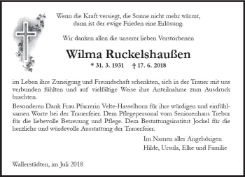Traueranzeige von Wilma Ruckelshaußen von vrm-trauer