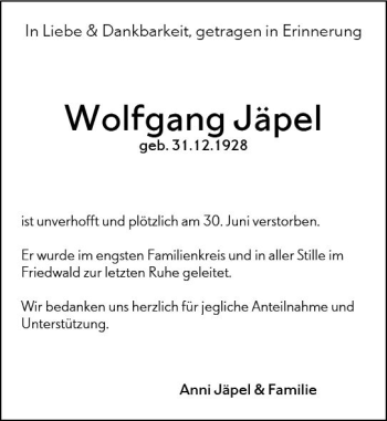 Traueranzeige von Wolfgang Jäpel von vrm-trauer