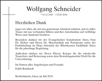 Traueranzeige von Wolfgang Schneider von vrm-trauer