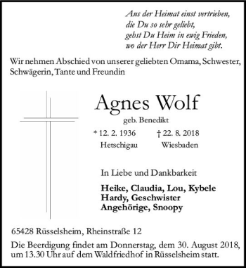 Traueranzeige von Agnes Wolf von vrm-trauer