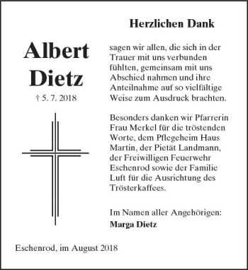 Traueranzeige von Albert Dietz von  Kreisanzeiger