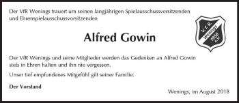 Traueranzeige von Alfred Gowin von  Kreisanzeiger