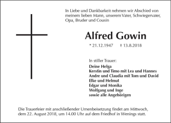 Traueranzeige von Alfred Gowin von  Kreisanzeiger