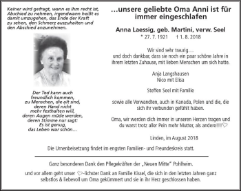 Traueranzeige von Anna Laessig von  Gießener Anzeiger