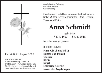 Traueranzeige von Anna Schmidt von  Kreisanzeiger
