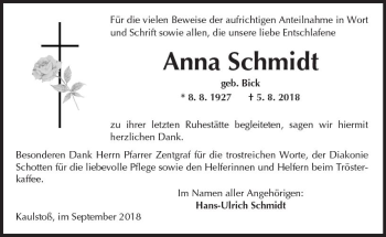 Traueranzeige von Anna Schmidt von  Kreisanzeiger