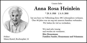 Traueranzeige von Anna Rosa Heinlein von vrm-trauer