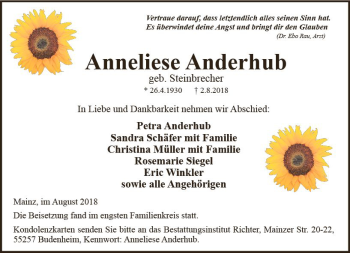 Traueranzeige von Anneliese Anderhub von vrm-trauer