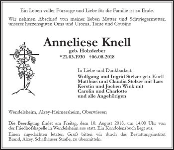 Traueranzeige von Anneliese Knell von vrm-trauer